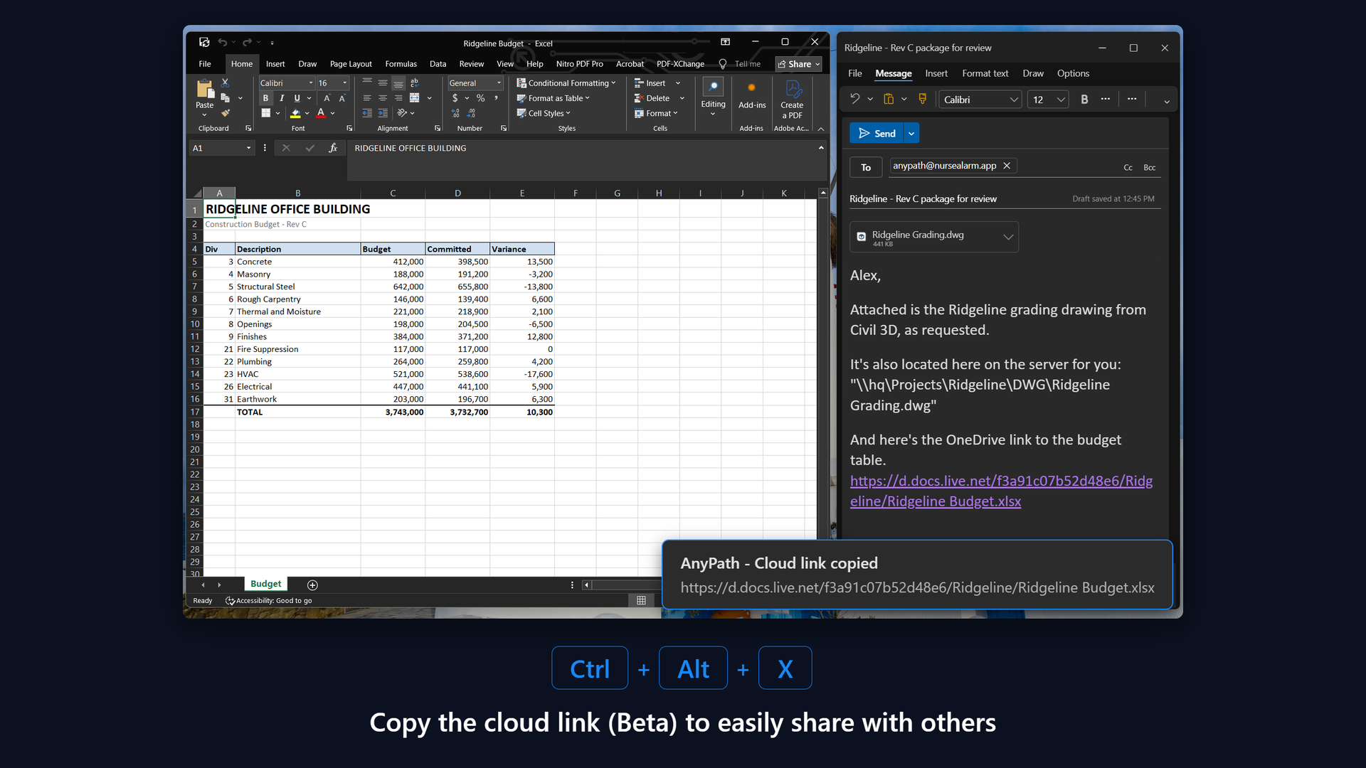 Excel beside an Outlook draft: AnyPath copies the workbook's OneDrive cloud link, pasted straight into the email