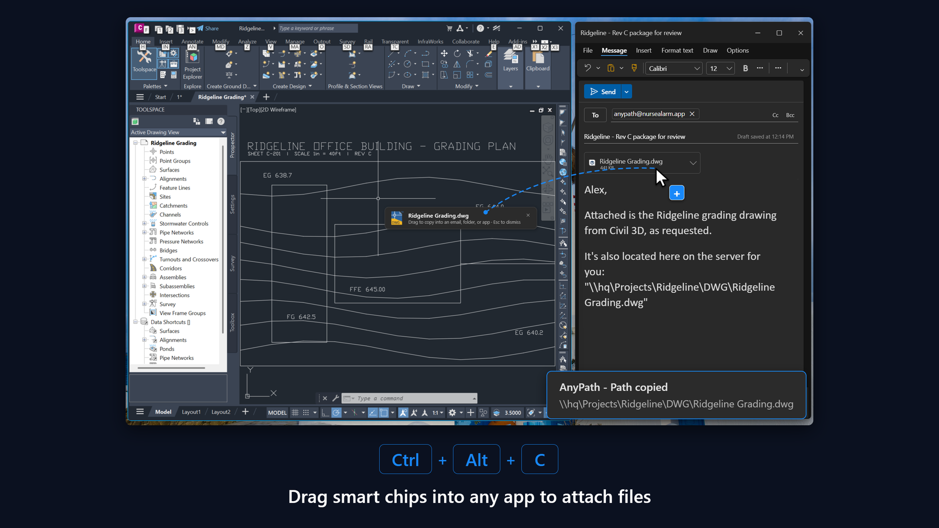 Civil 3D beside an Outlook draft: dragging AnyPath's Smart Chip into the email attaches the drawing file